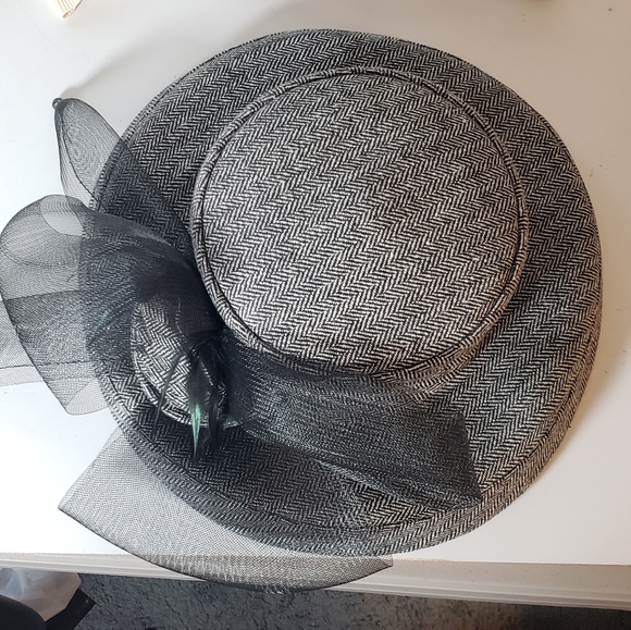 Susanna Designer Herringbone High Brim Hat Scurtural Netting Flower Feathers OS main image 10